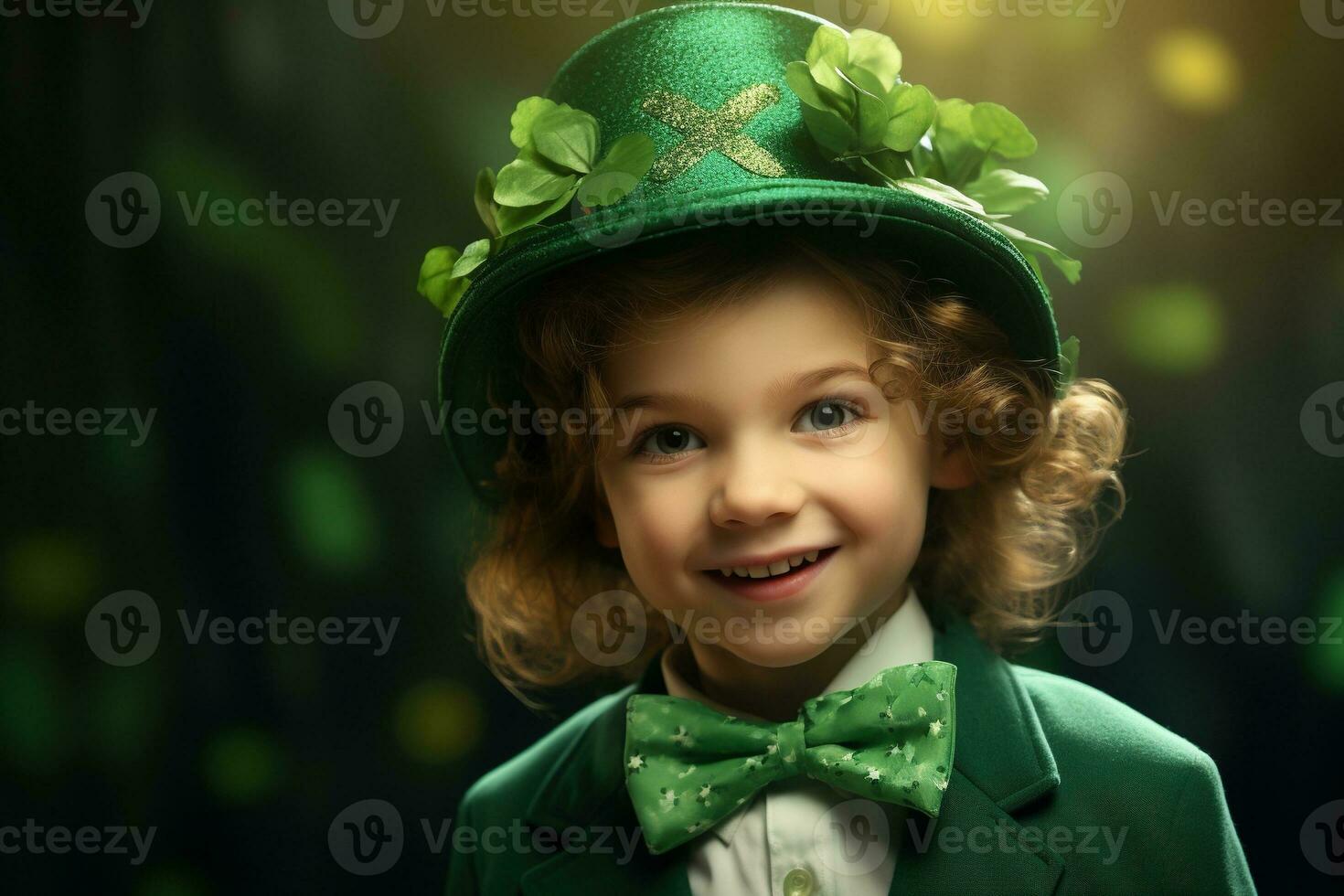 Portrait of a smiling boy in a leprechaun costume. St. Patrick's Day. AI generated photo