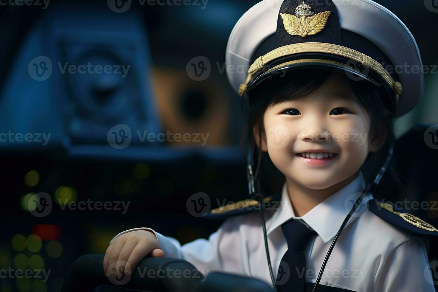Portrait of a cute asian little girl in a pilot uniform AI generated photo
