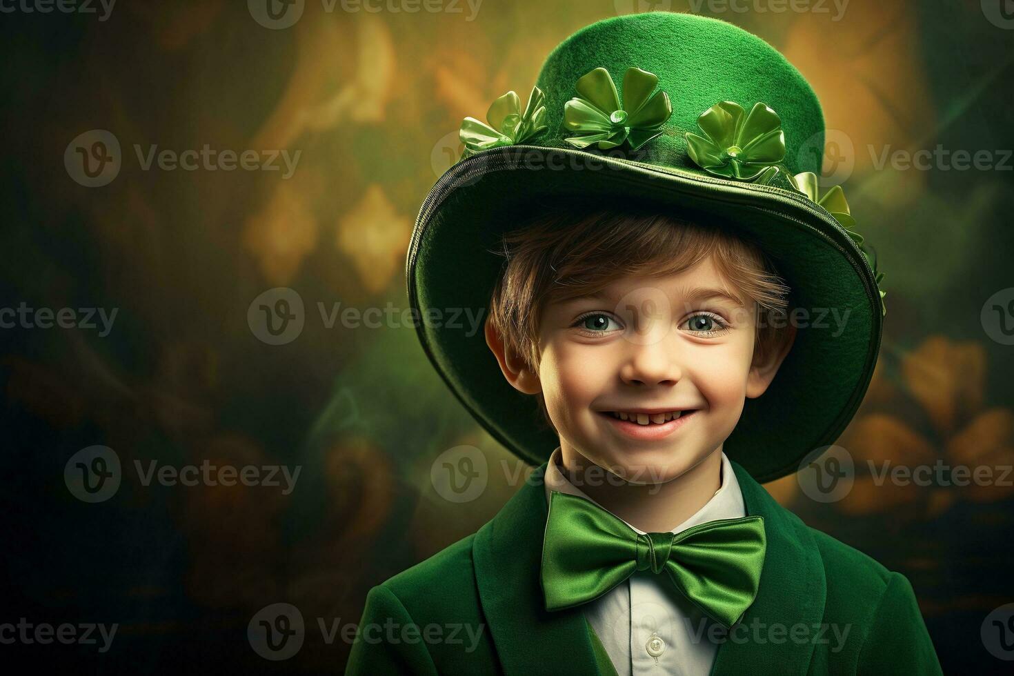 Portrait of a smiling boy in a leprechaun costume. St. Patrick's Day. AI generated photo