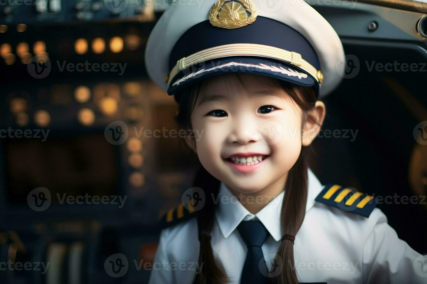 retrato de un linda asiático pequeño niña en un piloto uniforme ai generado foto