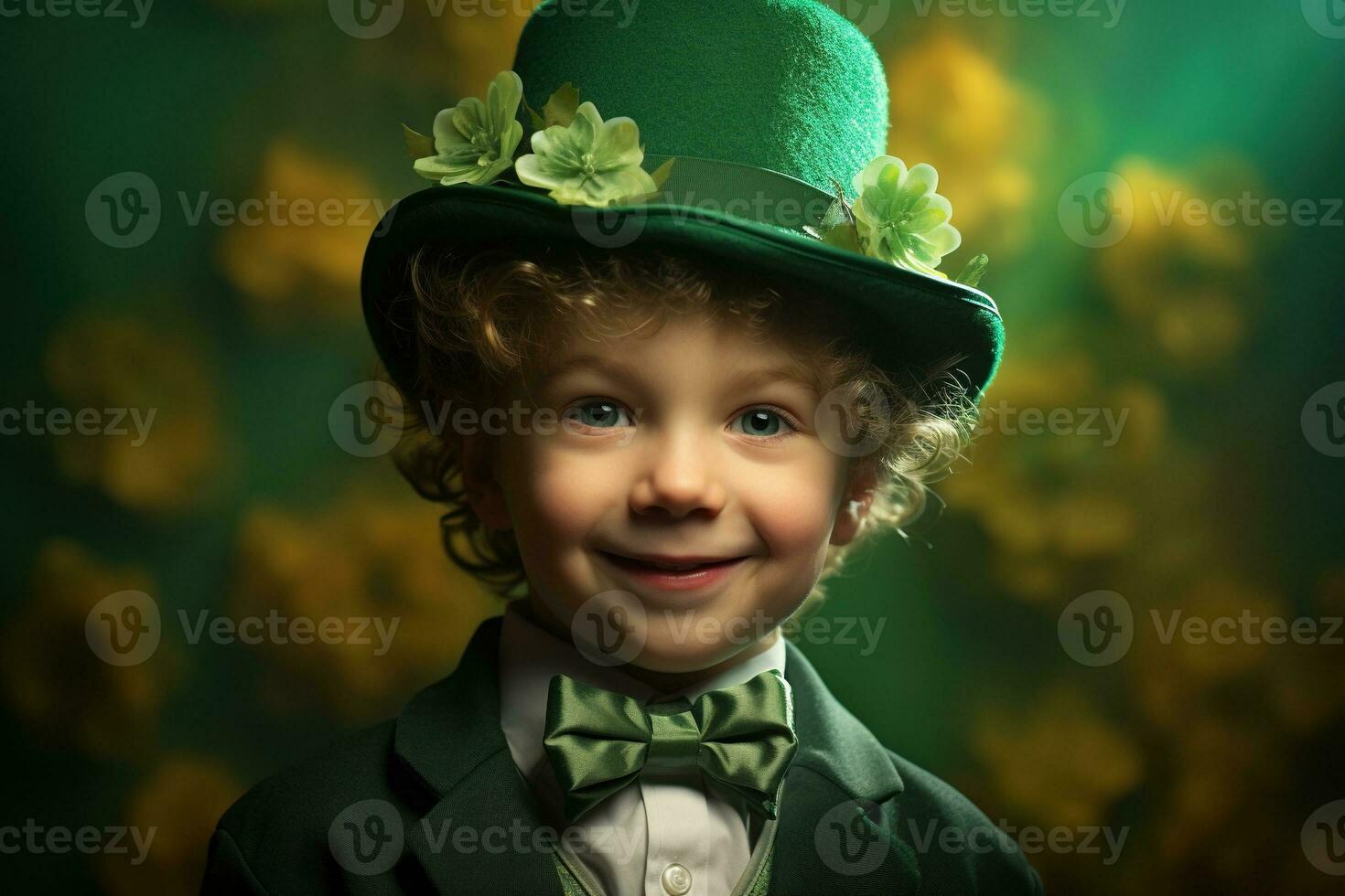 Portrait of a smiling boy in a leprechaun costume. St. Patrick's Day. AI generated photo