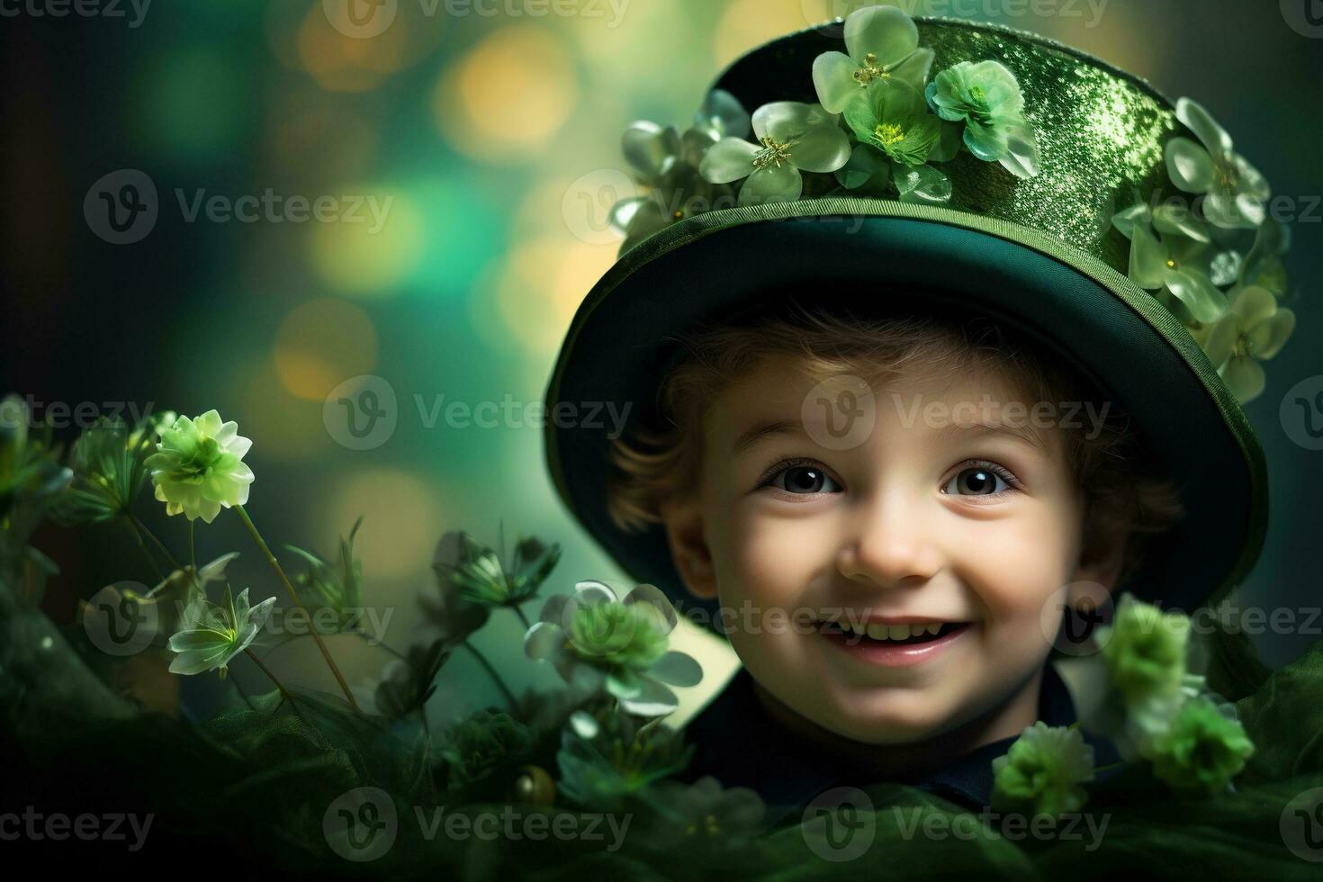 Portrait of a smiling boy in a leprechaun costume. St. Patrick's Day. AI generated photo