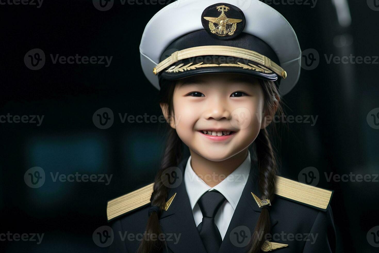 retrato de un linda asiático pequeño niña en un piloto uniforme ai generado foto