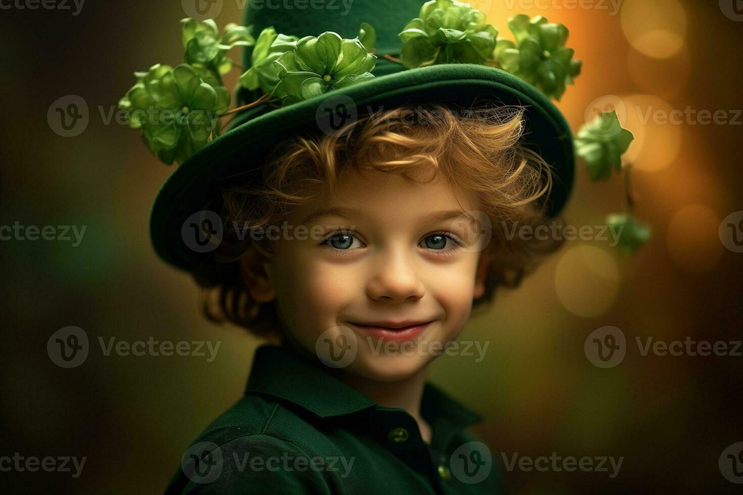 Portrait of a smiling boy in a leprechaun costume. St. Patrick's Day. AI generated photo