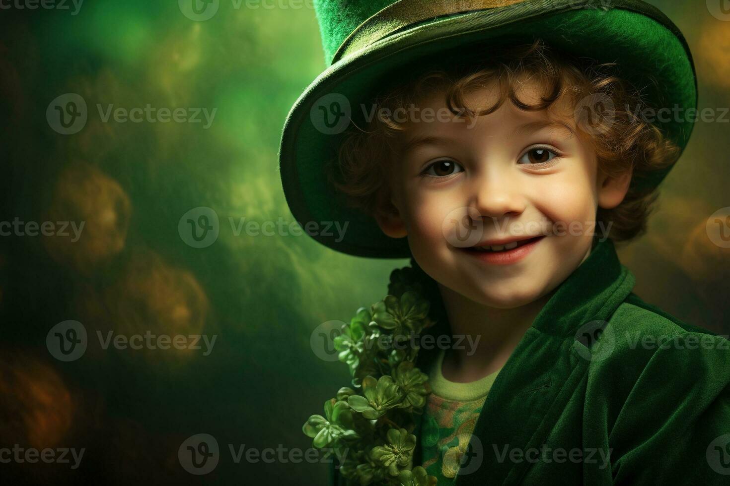 Portrait of a smiling boy in a leprechaun costume. St. Patrick's Day. AI generated photo