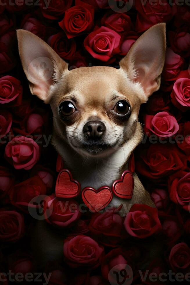 Portrait valentines of a cute chihuahua dog with roses AI generated photo