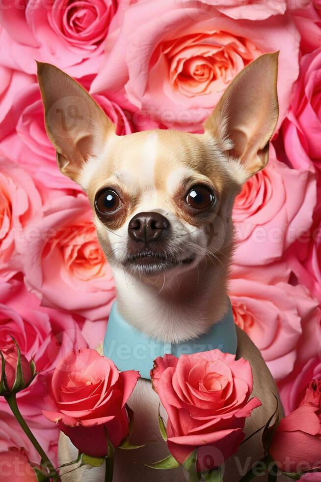 Portrait valentines of a cute chihuahua dog with roses AI generated photo