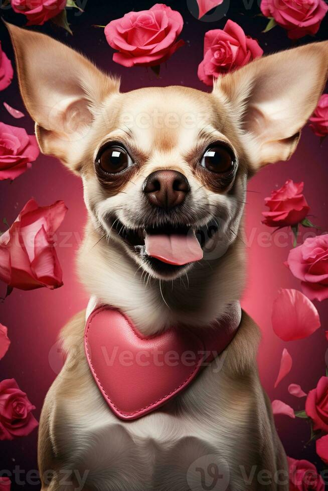 Portrait valentines of a cute chihuahua dog with roses AI generated photo