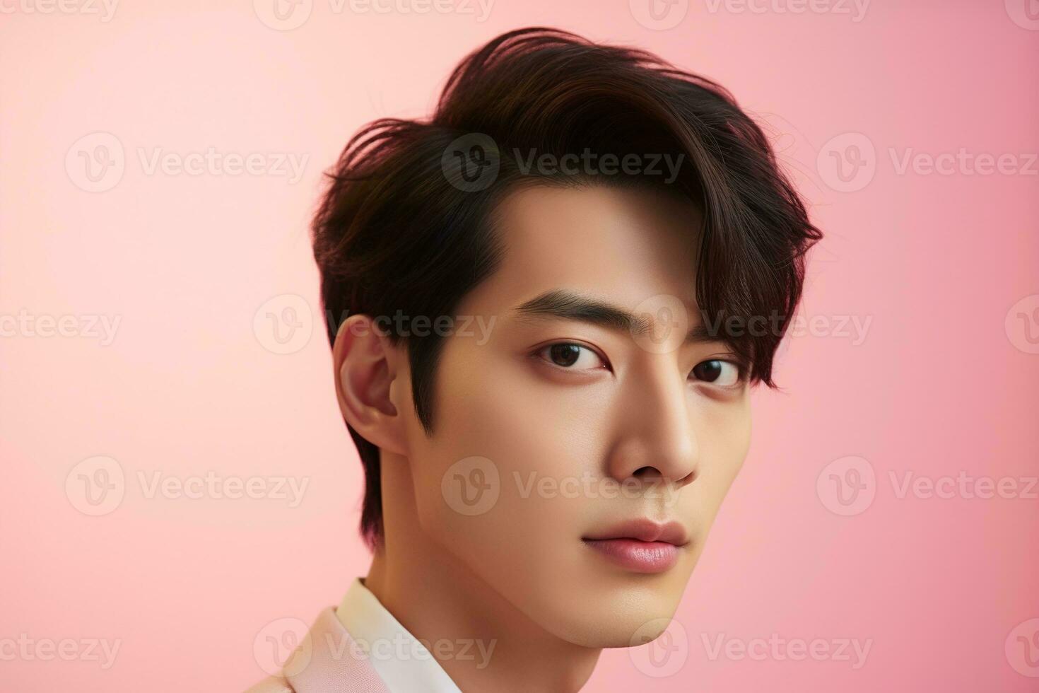 Portrait of a beautiful young asian man on pink background.asian beauty AI generated photo