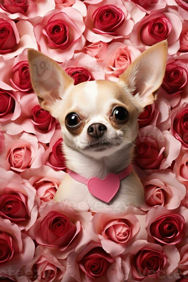 Portrait valentines of a cute chihuahua dog with roses AI generated photo