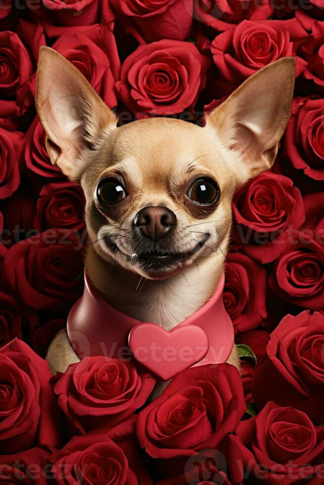 Portrait valentines of a cute chihuahua dog with roses AI generated photo