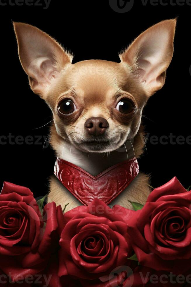 Portrait valentines of a cute chihuahua dog with roses AI generated photo