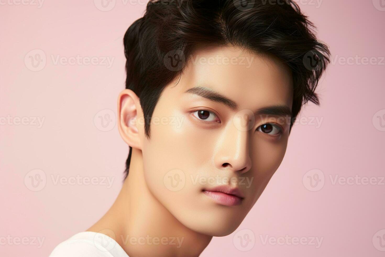 Portrait of a beautiful young asian man on pink background.asian beauty AI generated photo