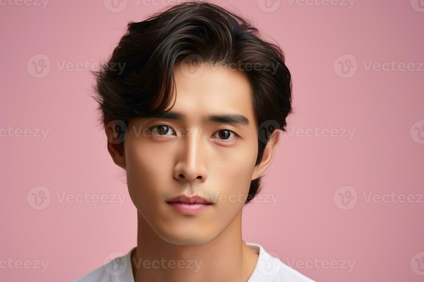 Portrait of a beautiful young asian man on pink background.asian beauty AI generated photo