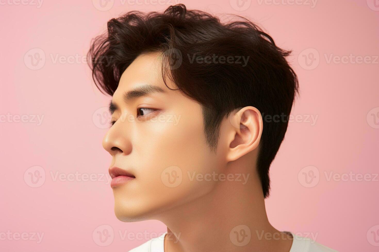 Portrait of a beautiful young asian man on pink background.asian beauty AI generated photo