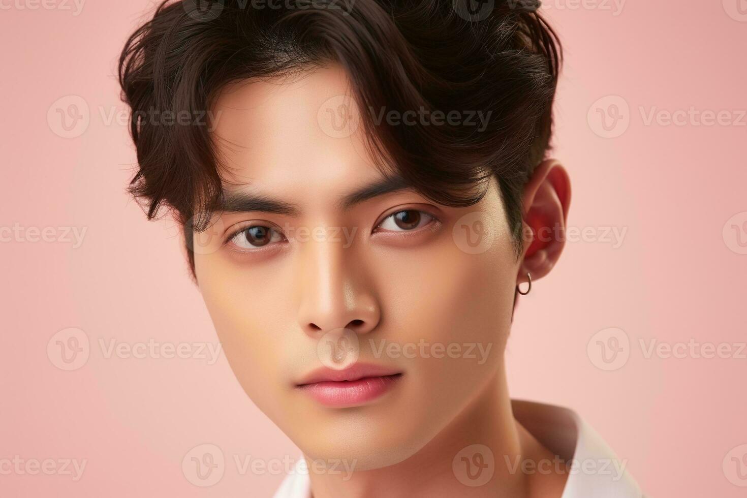 Portrait of a beautiful young asian man on pink background.asian beauty AI generated photo