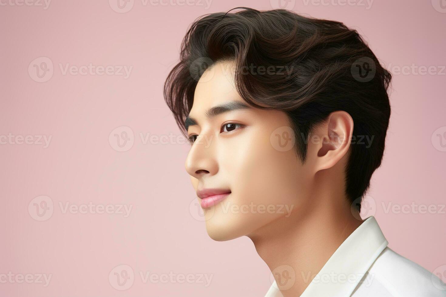 Portrait of a beautiful young asian man on pink background.asian beauty AI generated photo