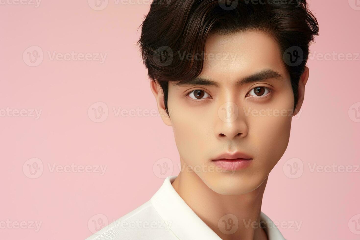 Portrait of a beautiful young asian man on pink background.asian beauty AI generated photo