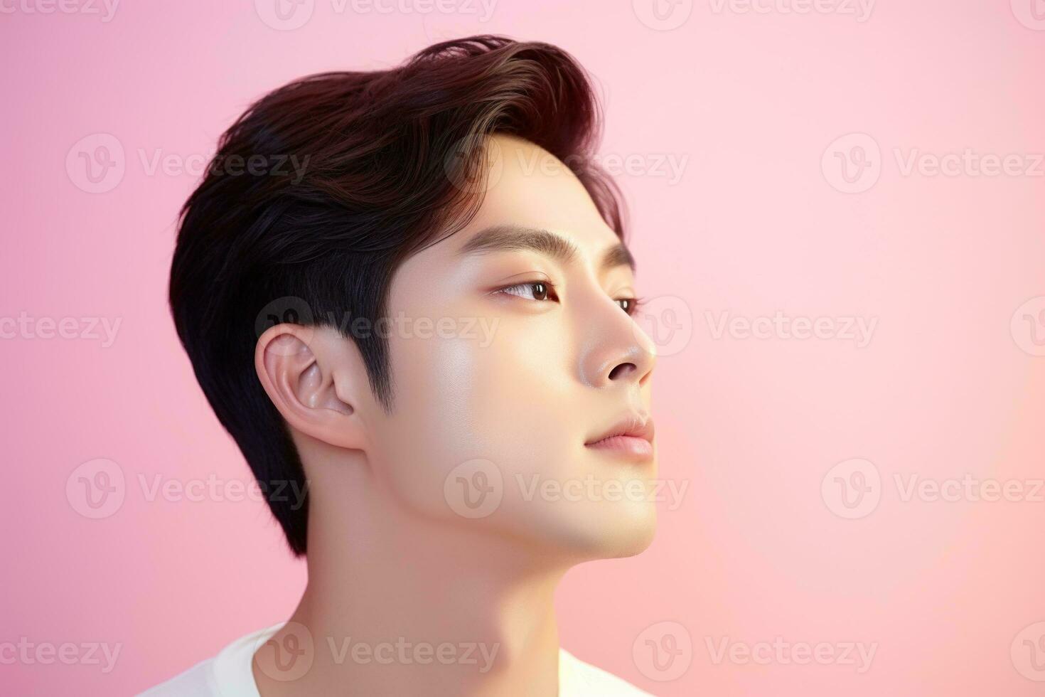 Portrait of a beautiful young asian man on pink background.asian beauty AI generated photo