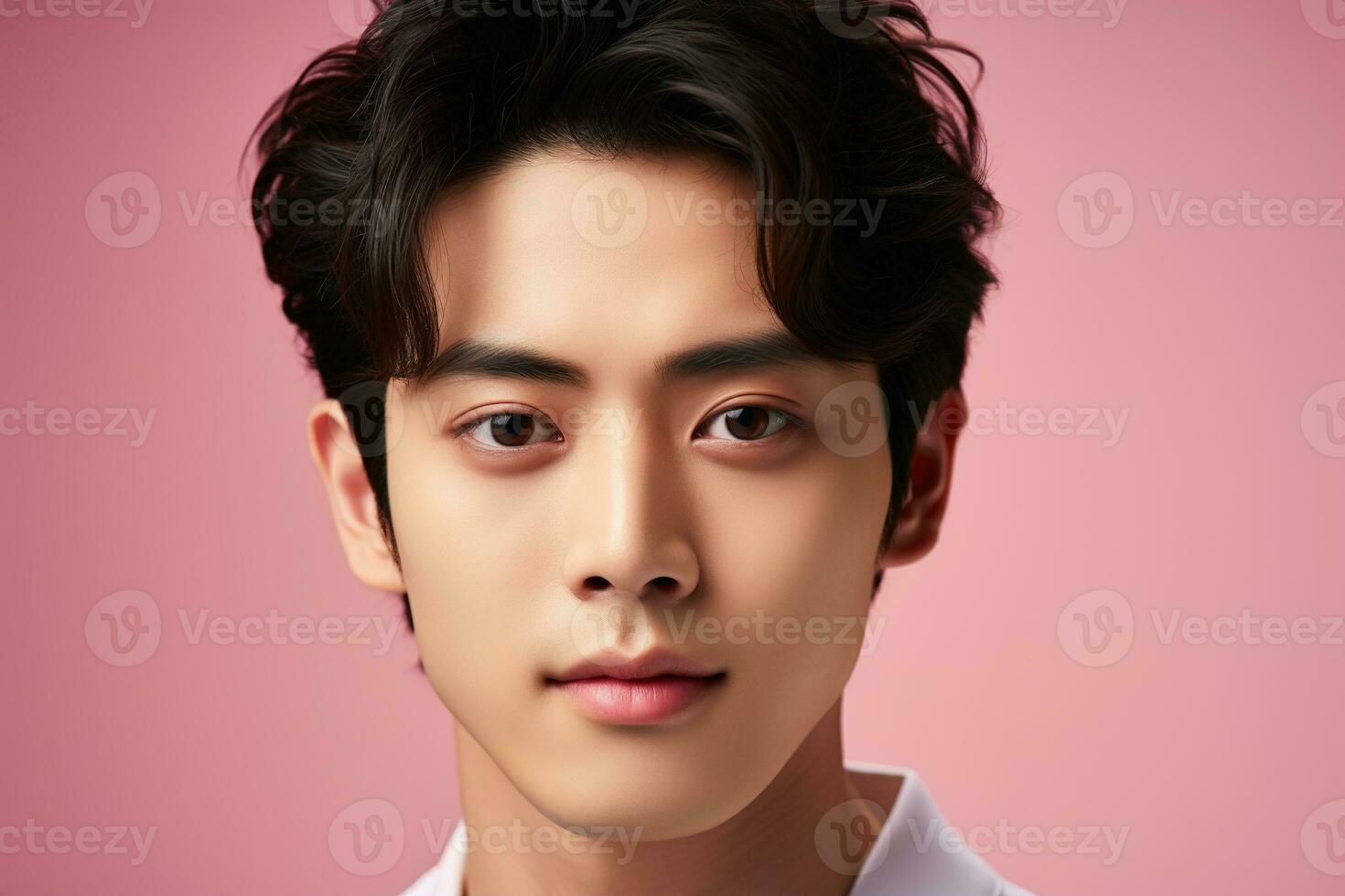 Portrait of a beautiful young asian man on pink background.asian beauty AI generated photo