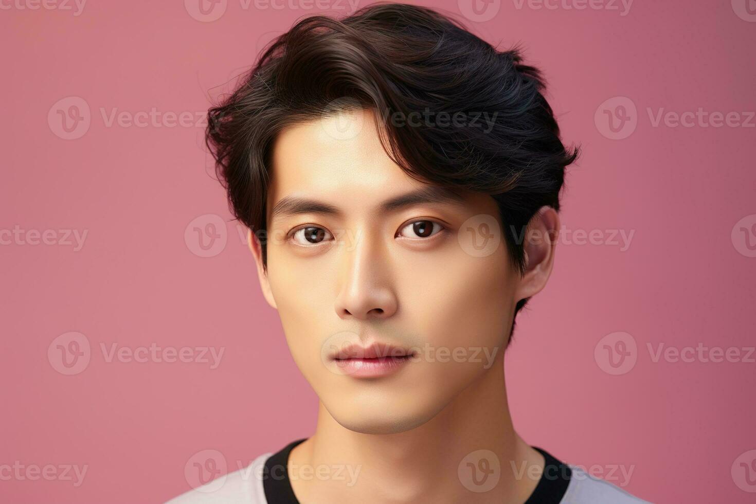 Portrait of a beautiful young asian man on pink background.asian beauty AI generated photo