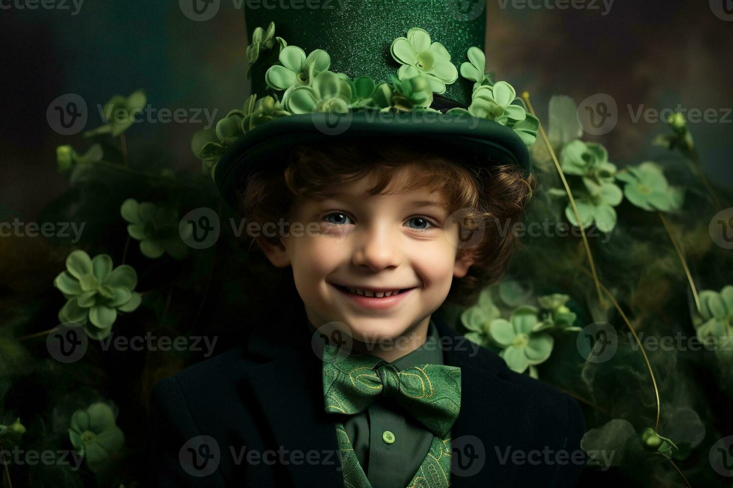 Portrait of a smiling boy in a leprechaun costume. St. Patrick's Day. AI generated photo