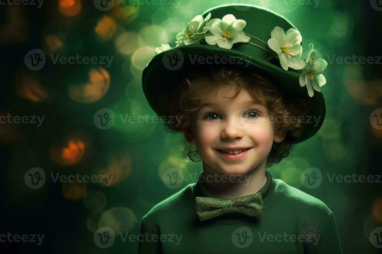 Portrait of a smiling boy in a leprechaun costume. St. Patrick's Day. AI generated photo