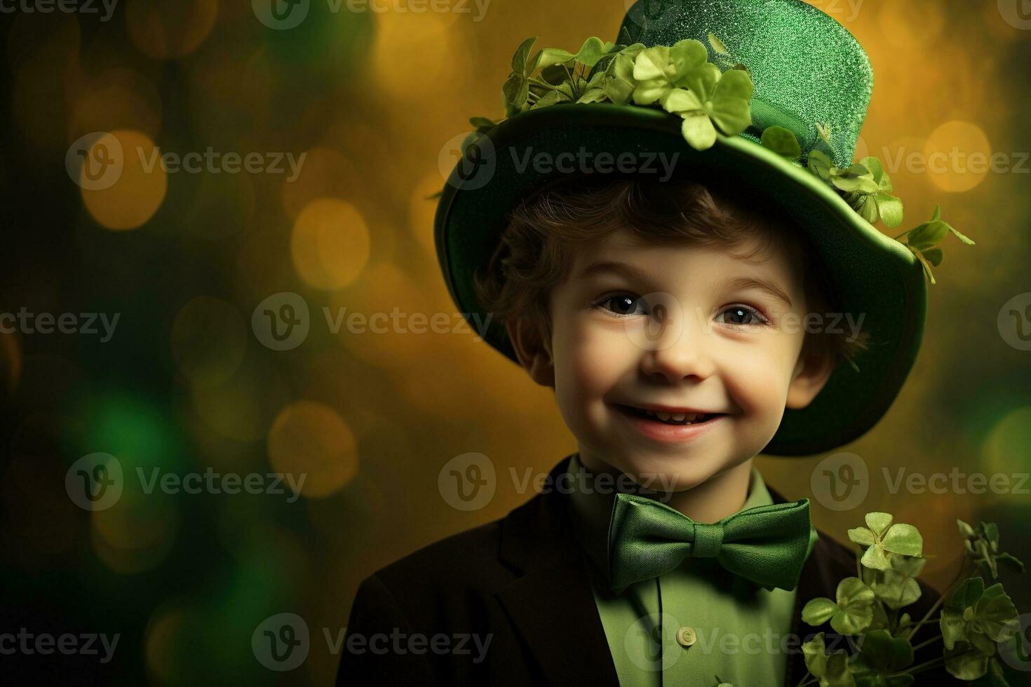 Portrait of a smiling boy in a leprechaun costume. St. Patrick's Day. AI generated photo