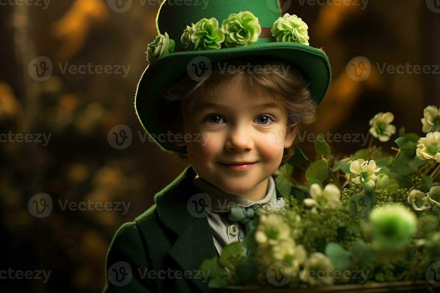 Portrait of a smiling boy in a leprechaun costume. St. Patrick's Day. AI generated photo