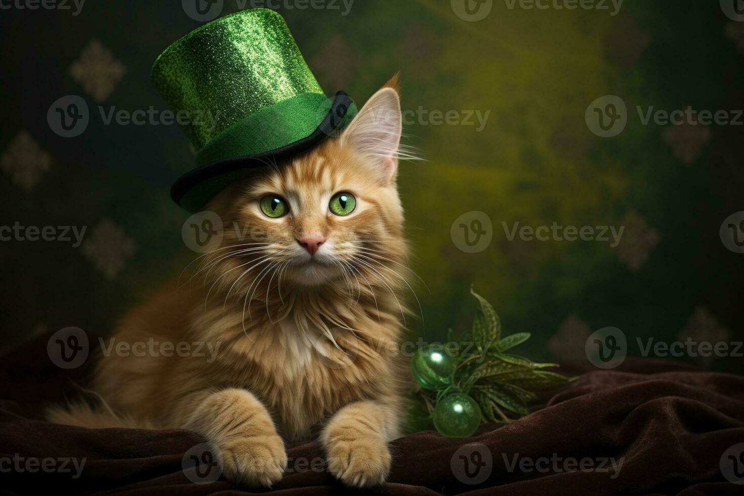 Cute cat wearing a green top hat for St. Patrick's Day. AI generated photo