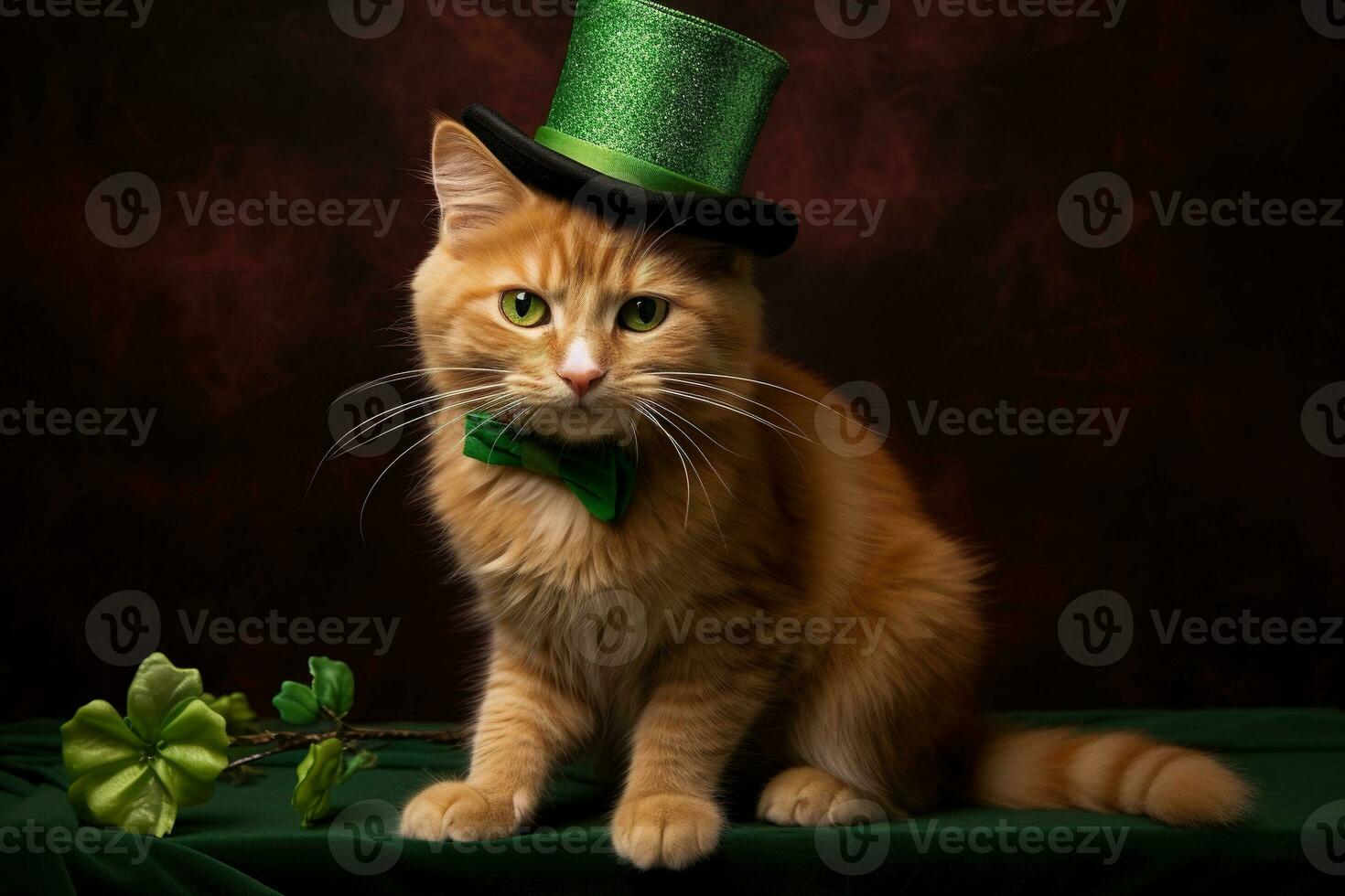 Cute cat wearing a green top hat for St. Patrick's Day. AI generated photo