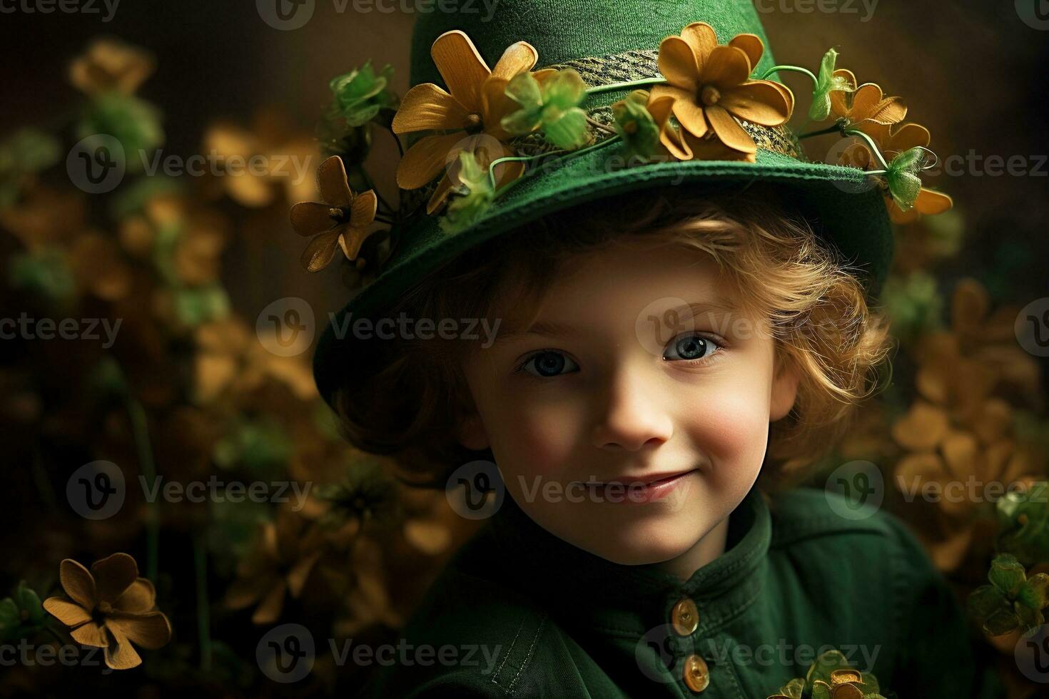 Portrait of a smiling boy in a leprechaun costume. St. Patrick's Day. AI generated photo