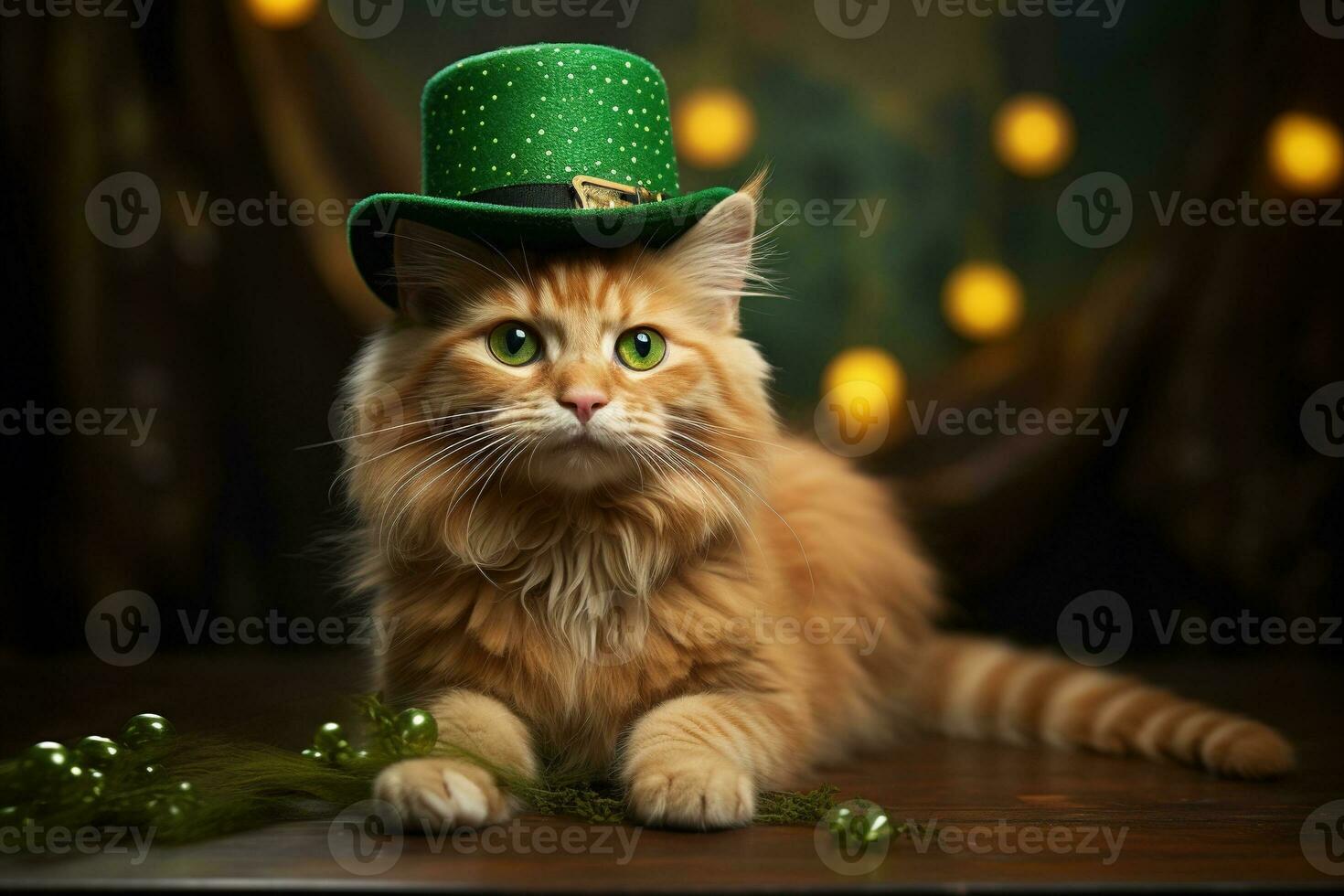 Cute cat wearing a green top hat for St. Patrick's Day. AI generated photo