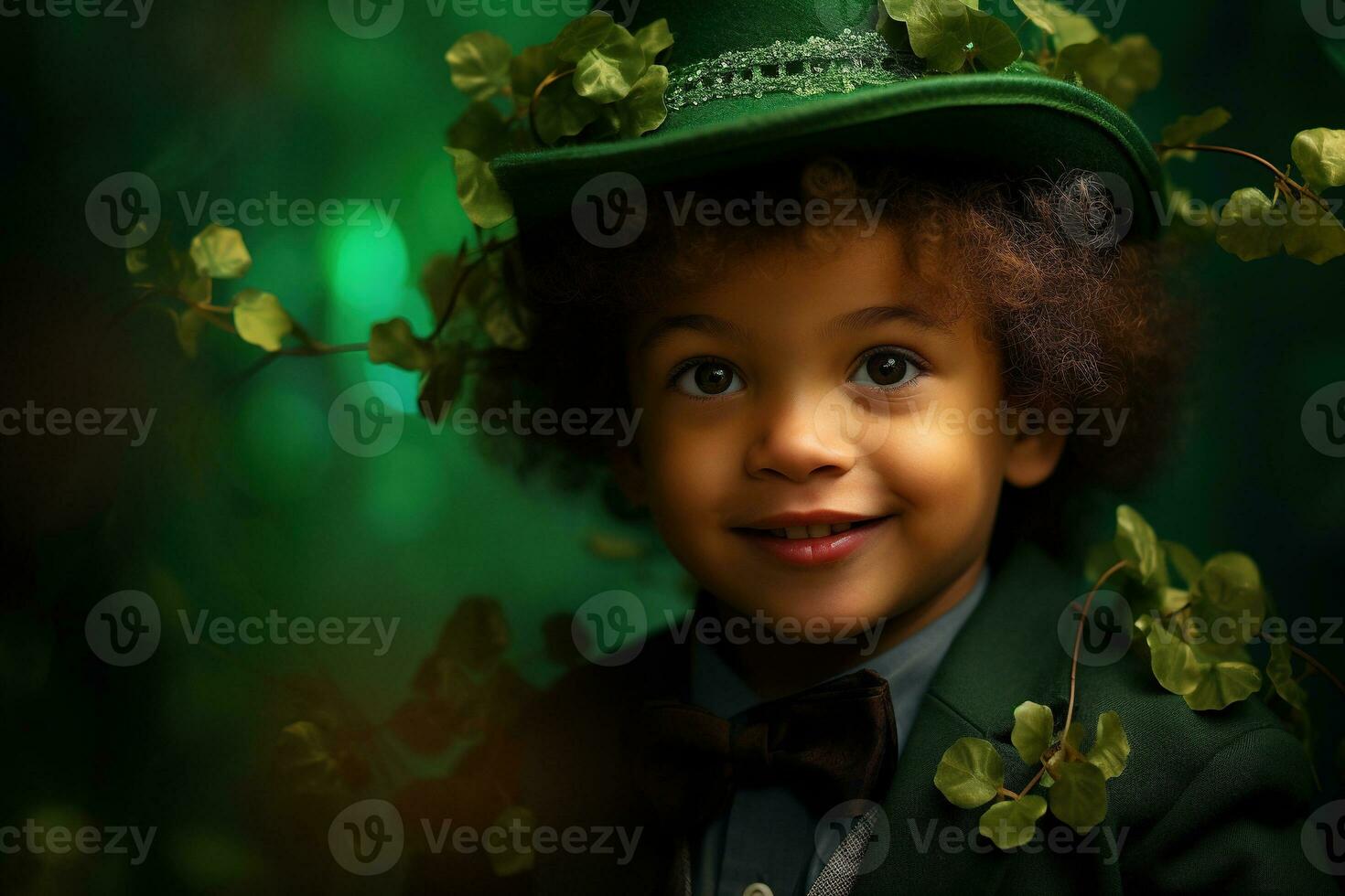 Portrait of a smiling boy in a leprechaun costume. St. Patrick's Day. AI generated photo