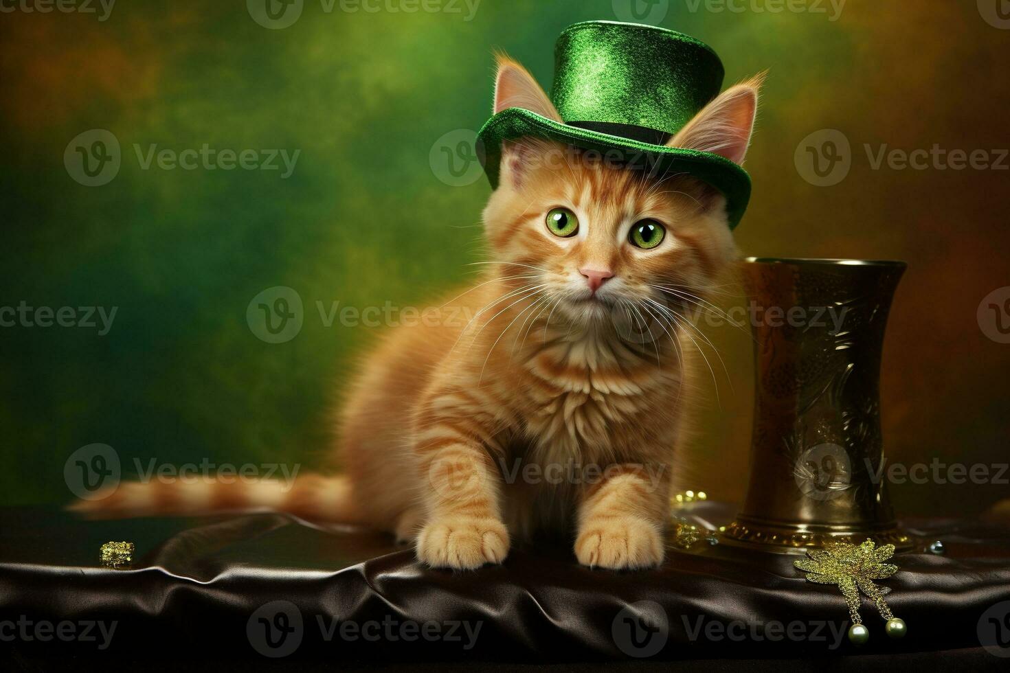 Cute cat wearing a green top hat for St. Patrick's Day. AI generated photo