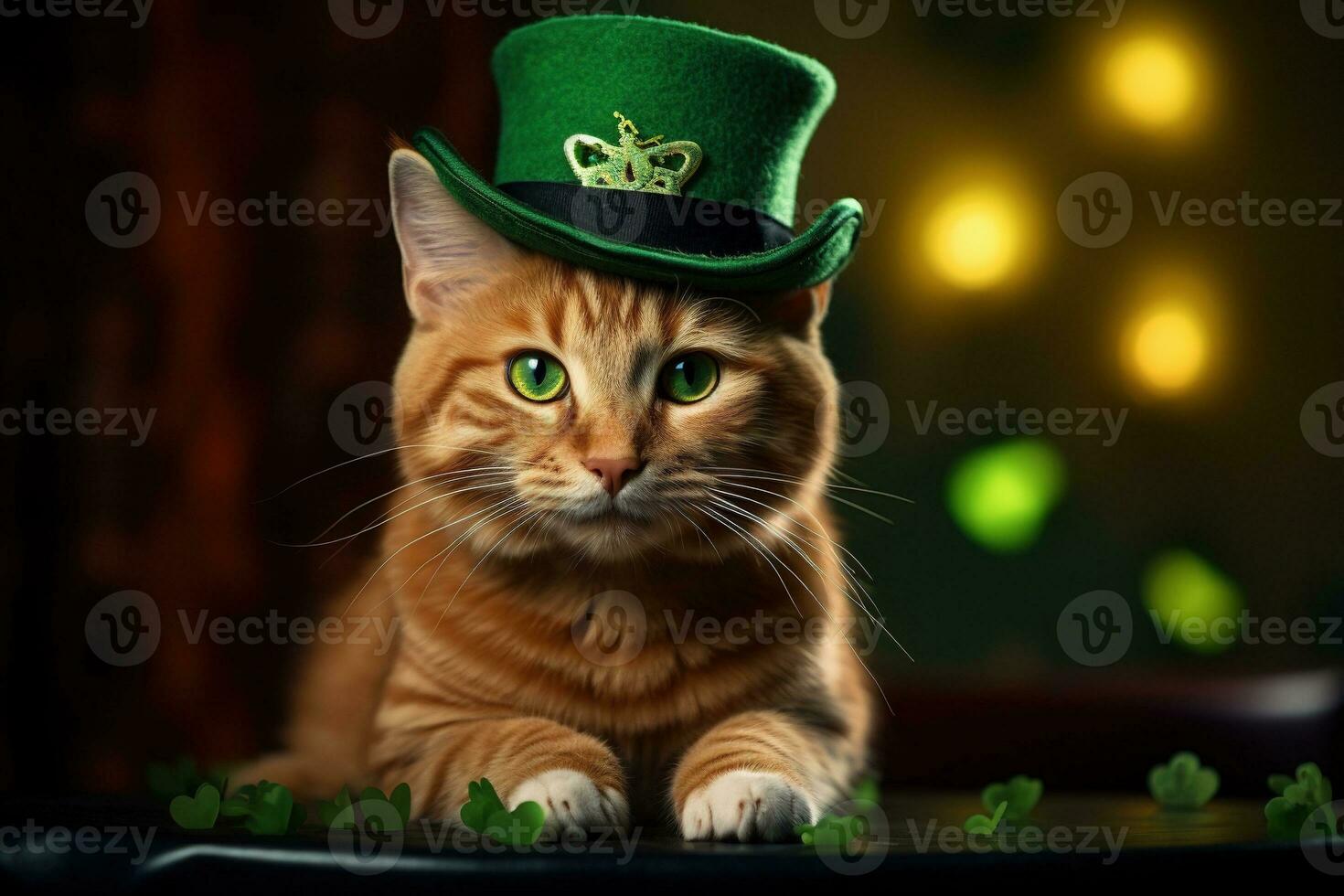 Cute cat wearing a green top hat for St. Patrick's Day. AI generated photo