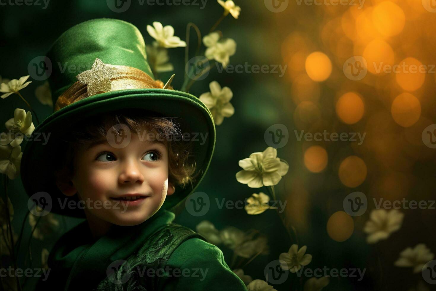 Portrait of a smiling boy in a leprechaun costume. St. Patrick's Day. AI generated photo