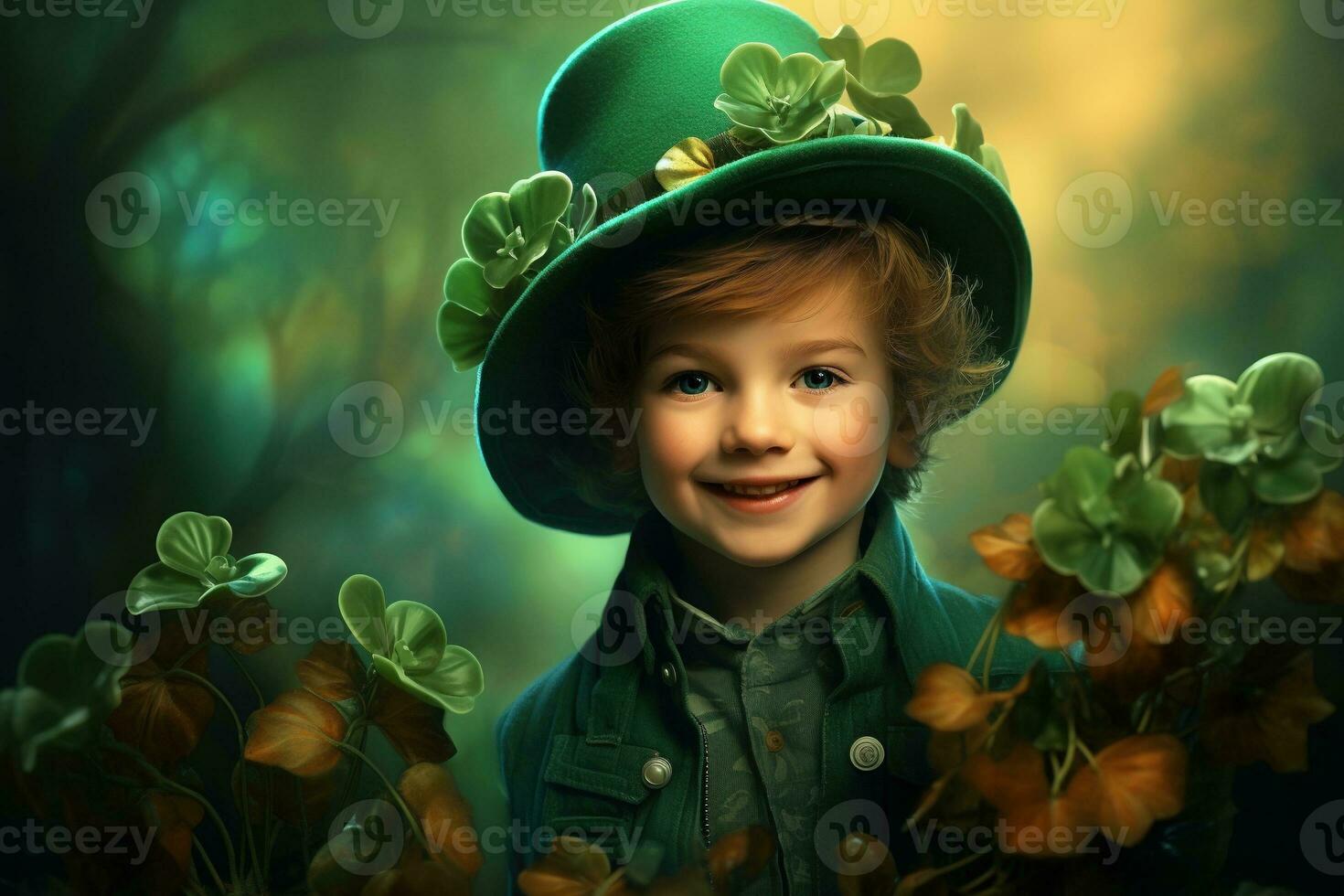 Portrait of a smiling boy in a leprechaun costume. St. Patrick's Day. AI generated photo