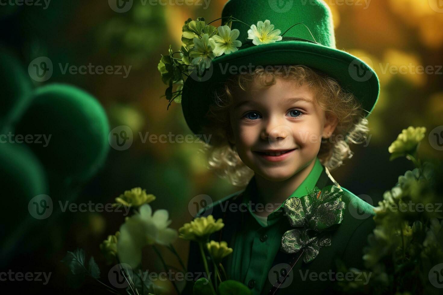 Portrait of a smiling boy in a leprechaun costume. St. Patrick's Day. AI generated photo