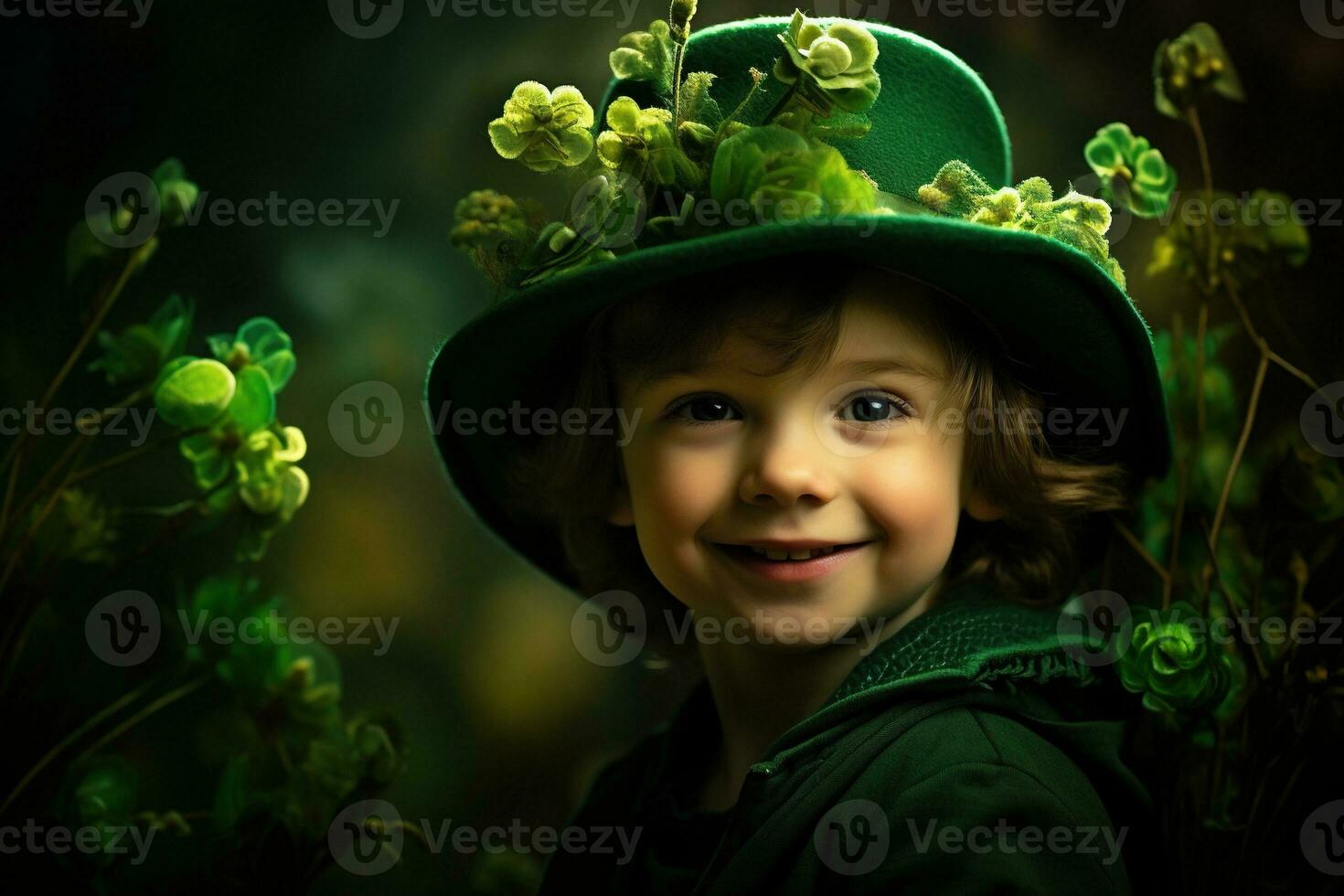 Portrait of a smiling boy in a leprechaun costume. St. Patrick's Day. AI generated photo