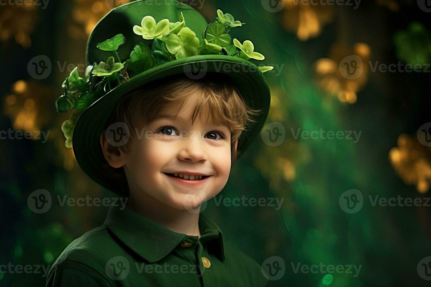 Portrait of a smiling boy in a leprechaun costume. St. Patrick's Day. AI generated photo