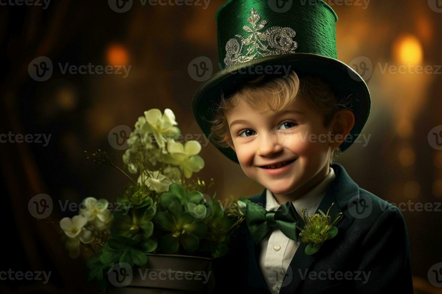 Portrait of a smiling boy in a leprechaun costume. St. Patrick's Day. AI generated photo