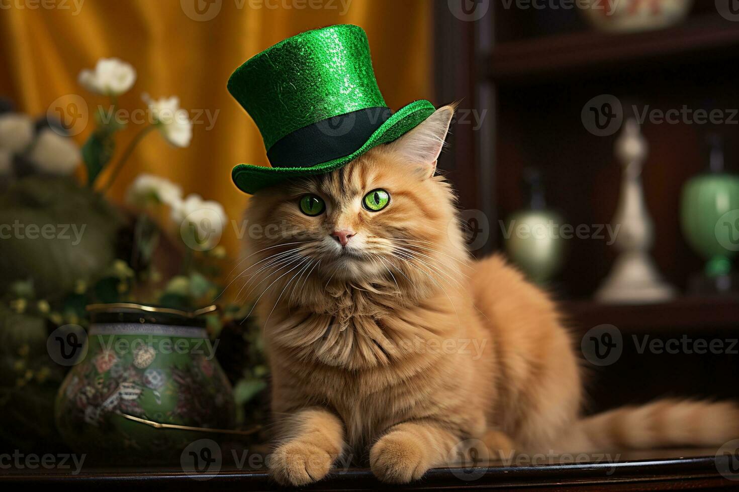 Cute cat wearing a green top hat for St. Patrick's Day. AI generated photo