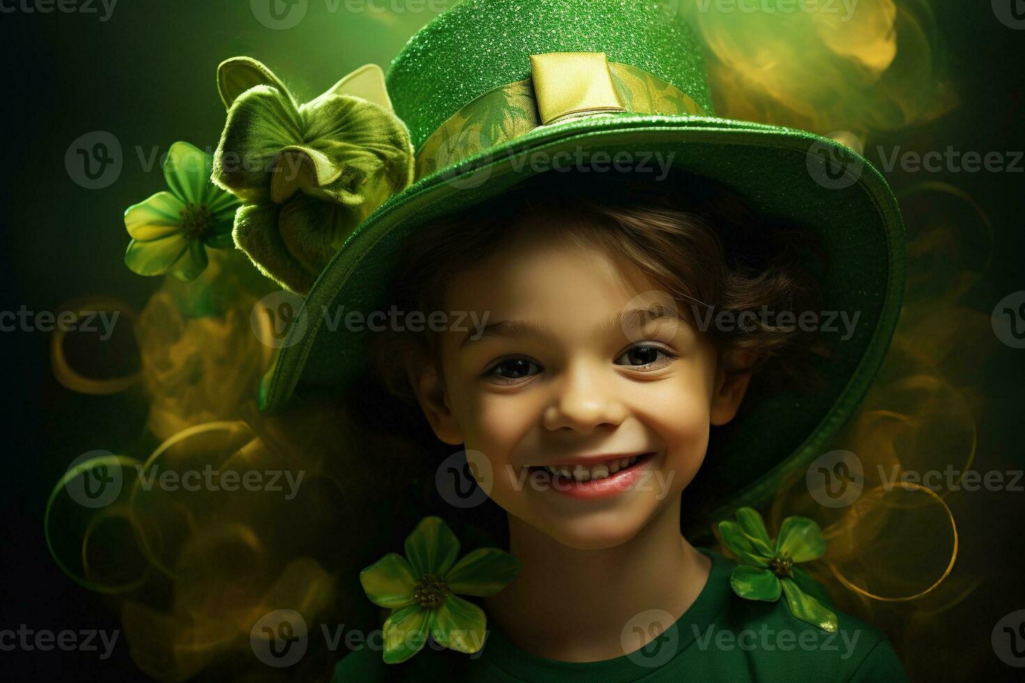 Portrait of a smiling boy in a leprechaun costume. St. Patrick's Day. AI generated photo