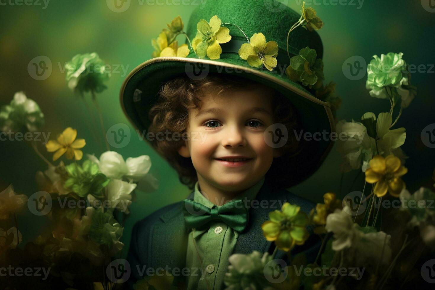 Portrait of a smiling boy in a leprechaun costume. St. Patrick's Day. AI generated photo