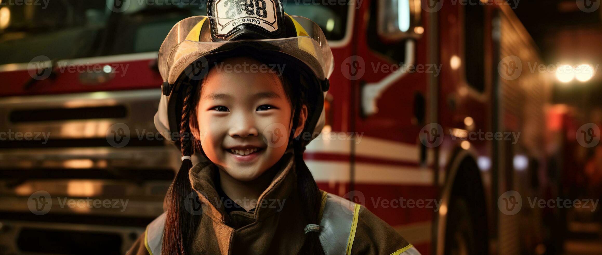 Portrait of smiling asian little girl wearing firefighter uniform standing in fire truck. AI generated photo