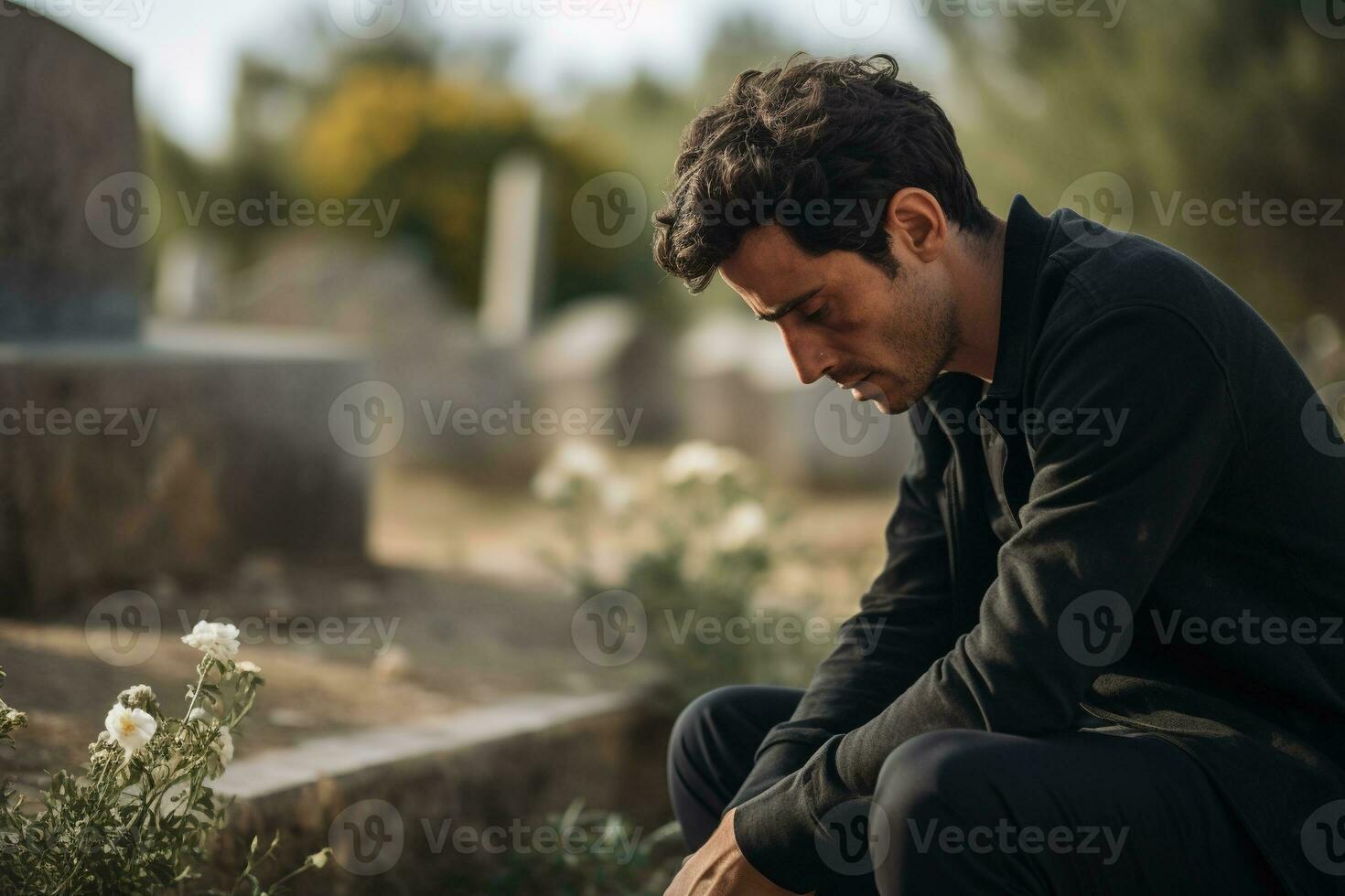 Portrait of a sad and depressed man in a black coat on the background of a cemetery.Funeral Concept AI generated photo