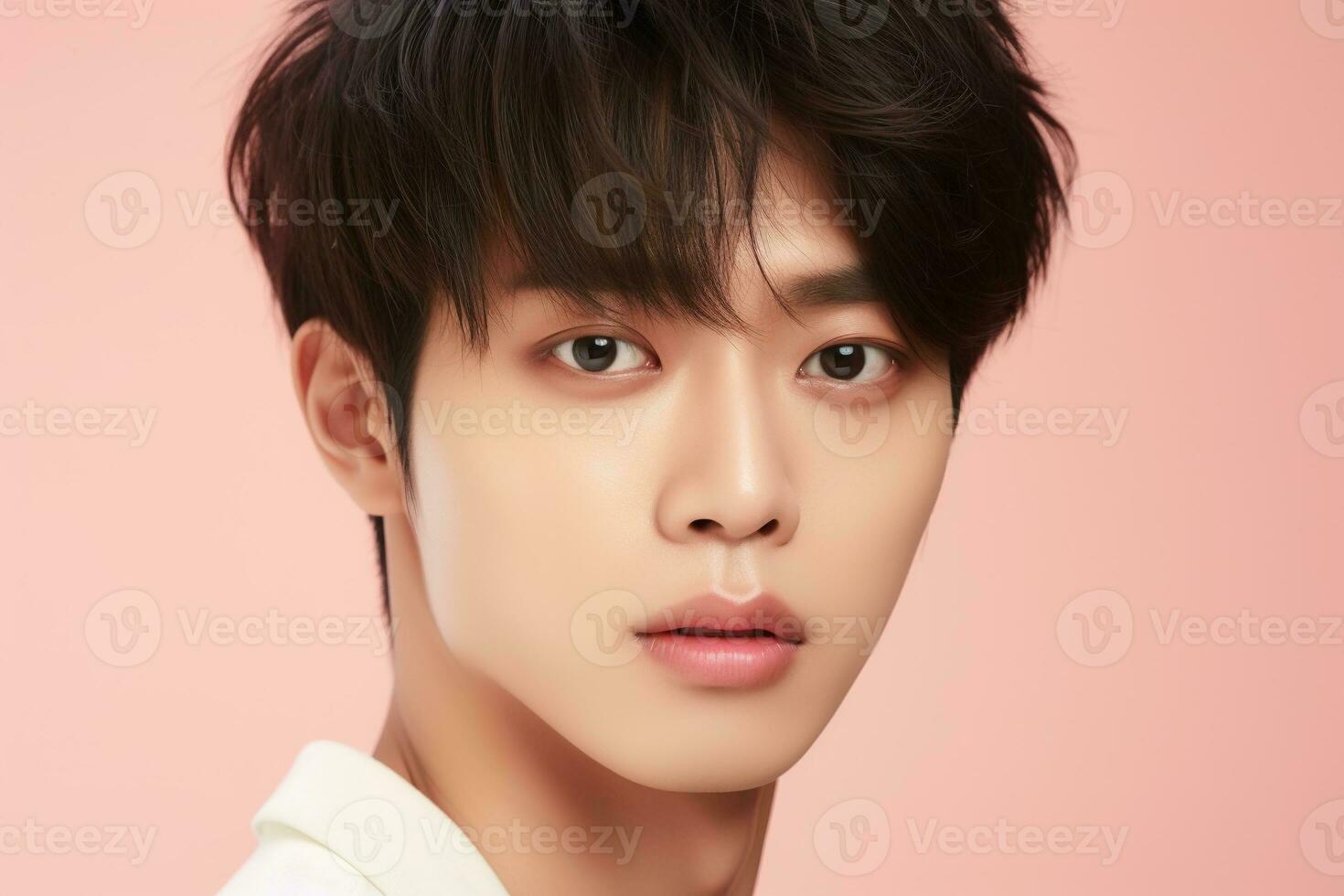 Portrait of a beautiful young asian man on pink background.asian beauty AI generated photo