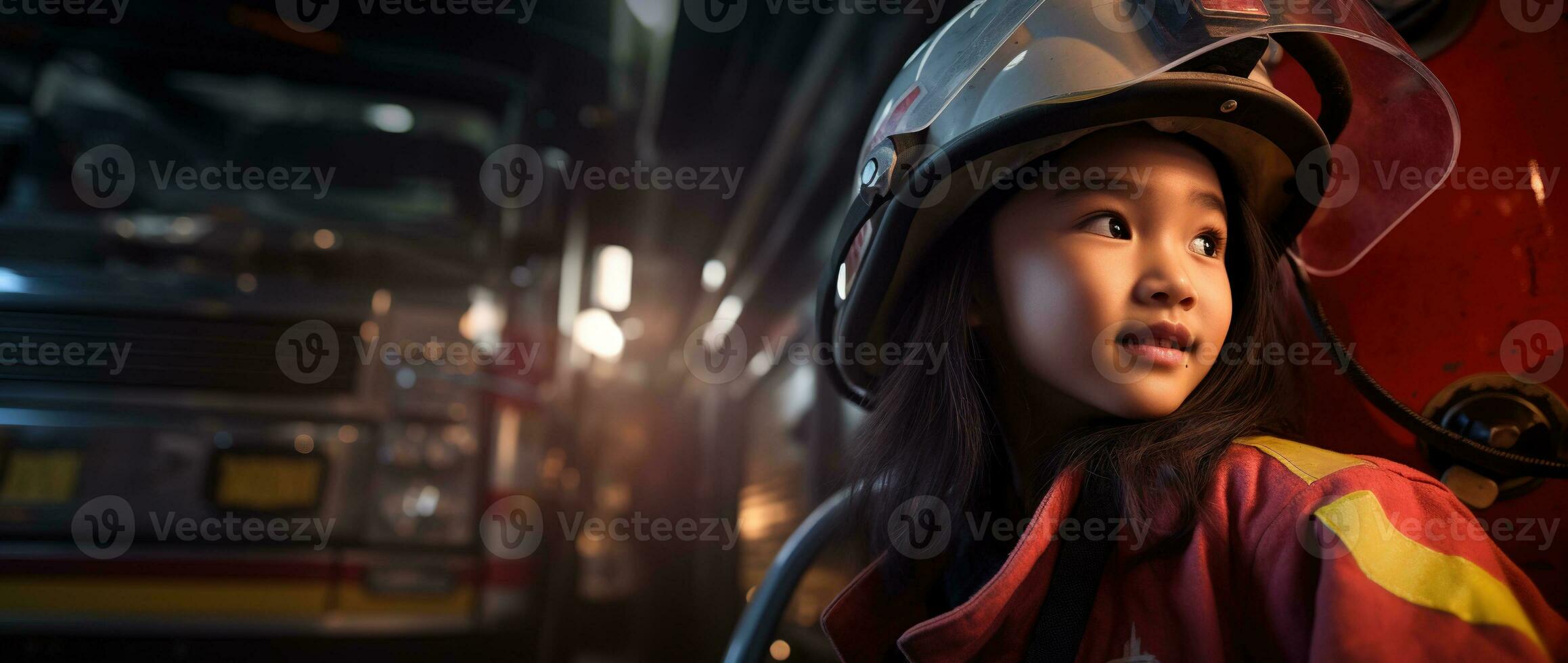 Portrait of smiling asian little girl wearing firefighter uniform standing in fire truck. AI generated photo