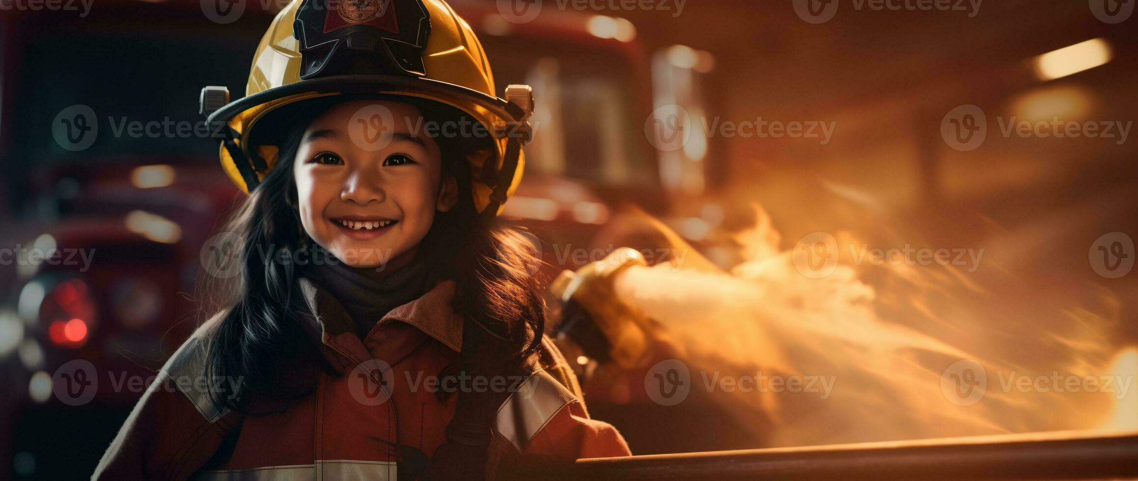 Portrait of smiling asian little girl wearing firefighter uniform standing in fire truck. AI generated photo